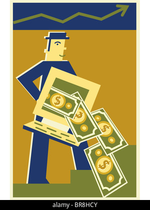 A man holding a computer screen with money coming out of it A man holding a computer screen with money coming out of it - Image BR8HCY © ImageZoo